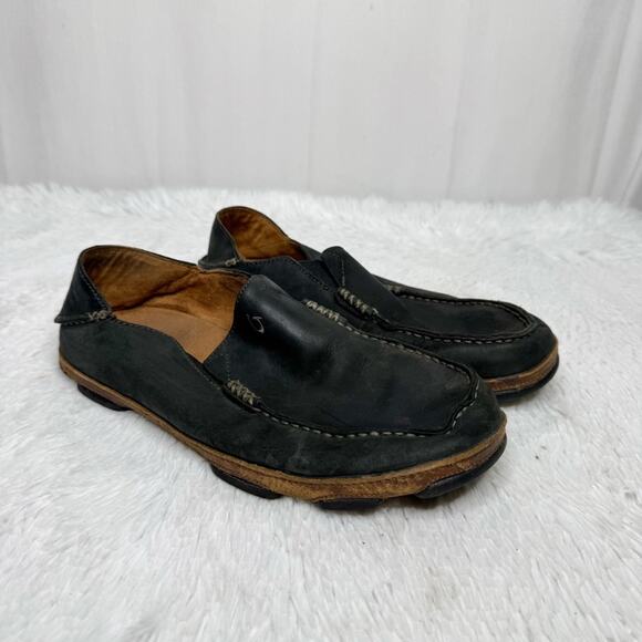 OLUKAI / Moloa black waxed leather slip on loafer shoes / 10 - Picture 2 of 10